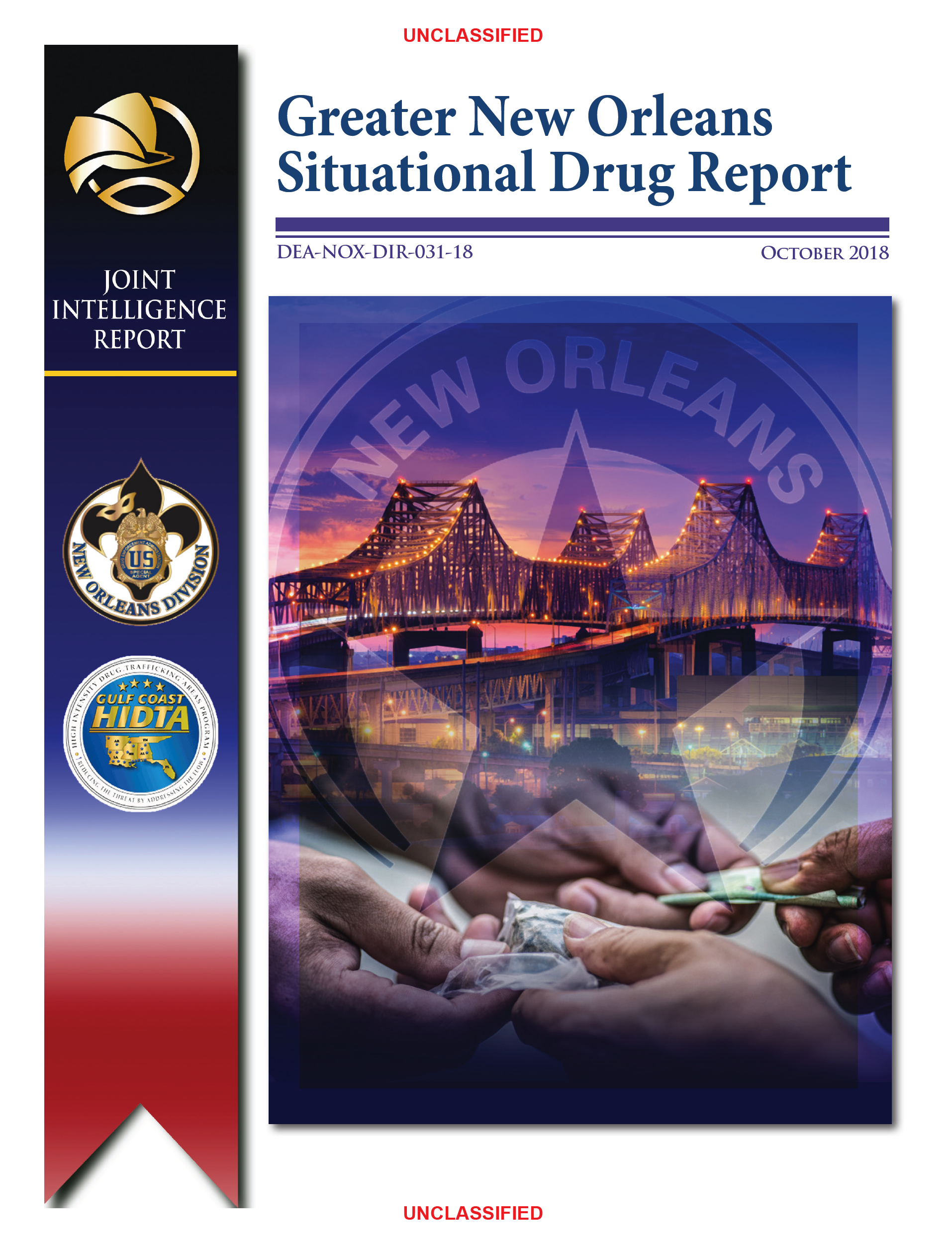 Greater New Orleans Drug Report image of city, people exchanging drugs