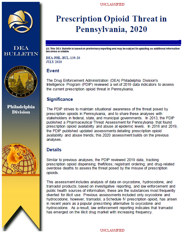 Prescription Opioid Threat in Pennsylvania, 2020