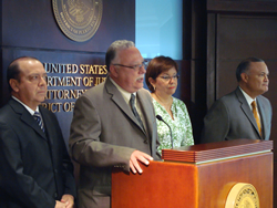 L-R: DEA SAC Javier Peña addresses the media during news conference at US Attorney's Office. L-Antonio Sagardia, Puerto Rico Secretary of Justice, U.S. Attorney Rosa Rodriguez, Distinct of Puerto Rico and Luis Fraticelli, SAC FBI San Juan.