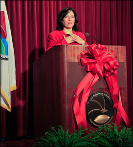 DEA acting administrator Michele Leonhart delivers remarks at the Red Ribbon ceremony.