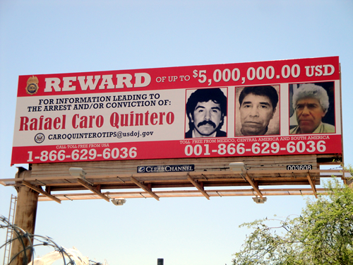 Phoenix billboard of Caro-Quintero, a fugitive on felony murder, felony kidnapping, and other criminal charges.