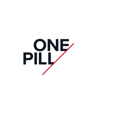 One Pill Logo - One Pill in Black, Can Kill in White with a red line separating the two words