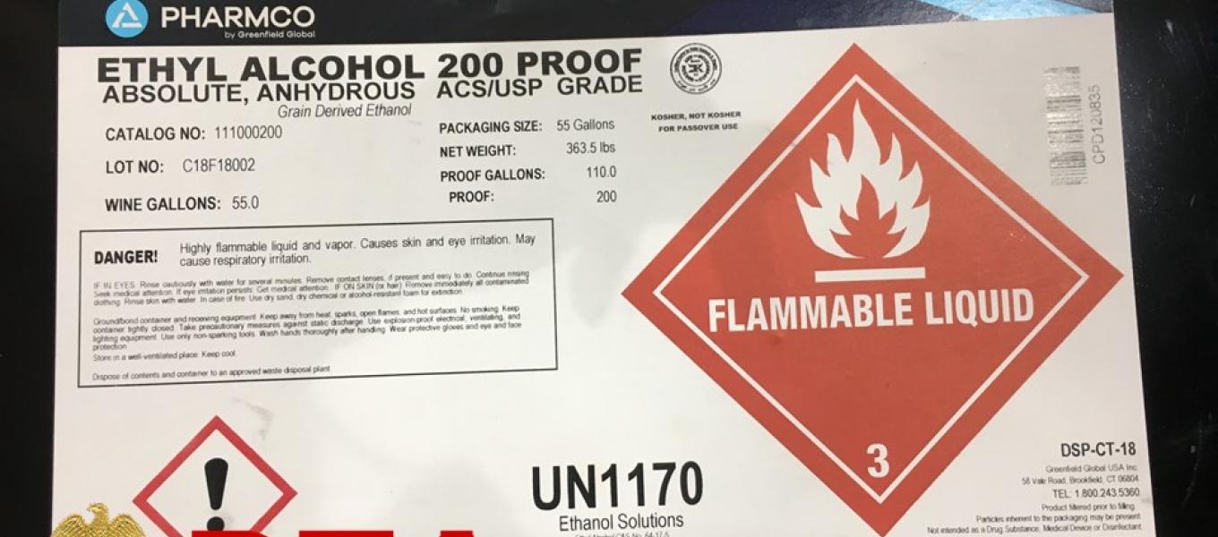 Flammable liquid warning on 55 gallon drum of ethanol