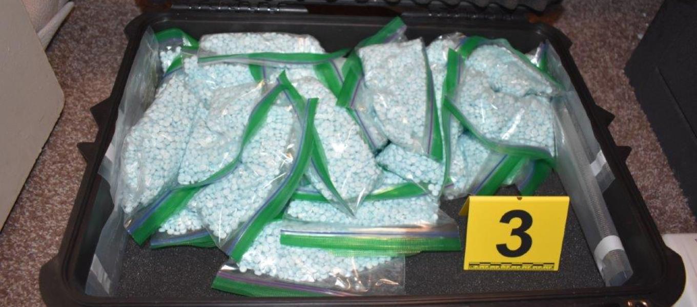 Fake pills (blues) located in a closet during a June 15 search.