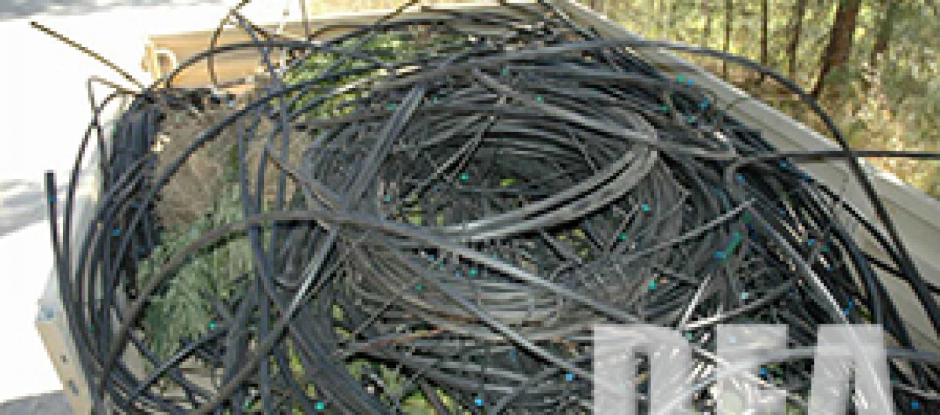 Miles of irrigation tubing of several dimensions were removed from the Rabbit Creek grow, along with eradicated marijuana plants.  This photo shows one load hauled out with long-lines by helicopter.