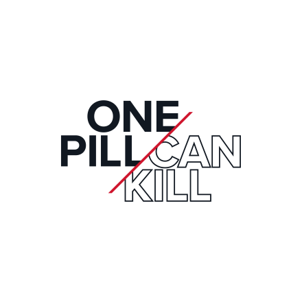 One Pill Can Kill Logo-One Pill in Black, Can Kill in White with black out lining the word and a red line separating the words